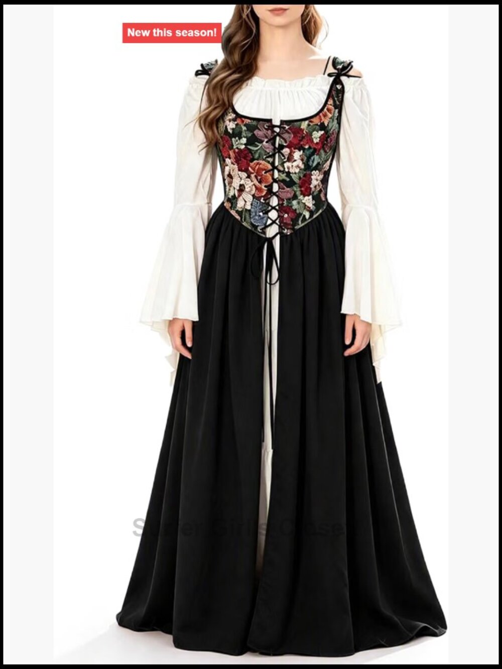 Medieval Renaissance Corset Dress Costume Fairy Off Shoulder Floral Lace Up